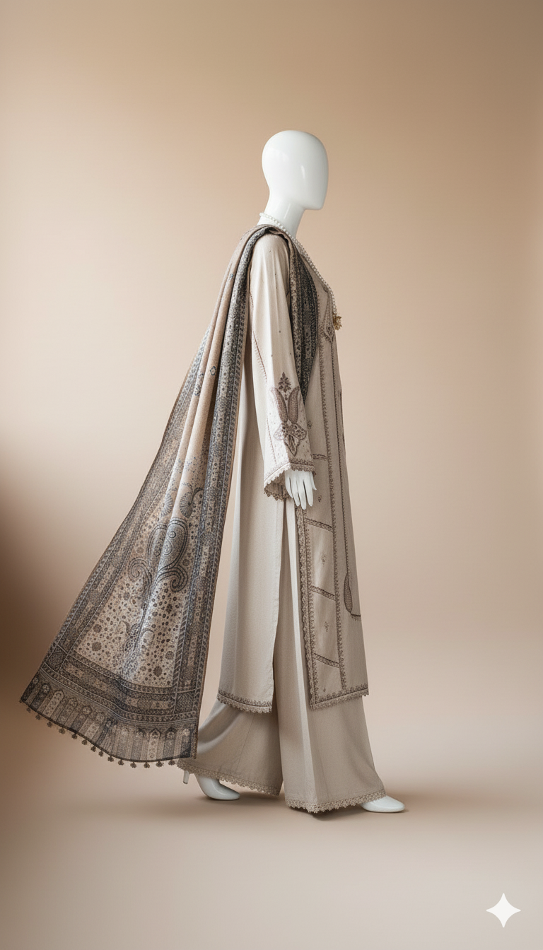 Ikhwan Replica – Winter Collection 2025 | Dhanak 3-Piece Embroidered Suit with Wool Shawl | After Wash Guarantee