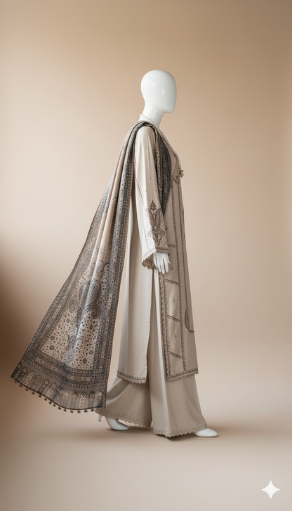 Ikhwan Replica – Winter Collection 2025 | Dhanak 3-Piece Embroidered Suit with Wool Shawl | After Wash Guarantee