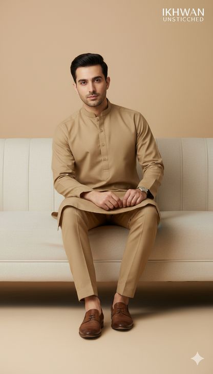 Premium Merino Wool Blend Fabric (4 Meters) | French Beige Color | Winter Wear with Liquid Ammonia Finish