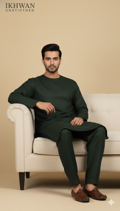 Premium Merino Wool Blend Fabric (4 Meters) | Dark Green Color | Winter Wear with Liquid Ammonia Finish