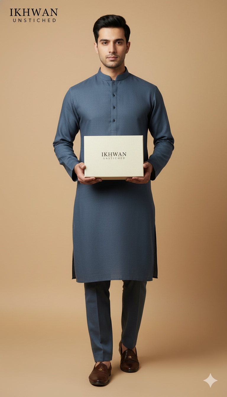 Premium Merino Wool Blend Fabric (4 Meters) | Blue Grey Color | Winter Wear with Liquid Ammonia Finish