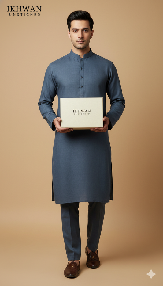 Premium Merino Wool Blend Fabric (4 Meters) | Blue Grey Color | Winter Wear with Liquid Ammonia Finish