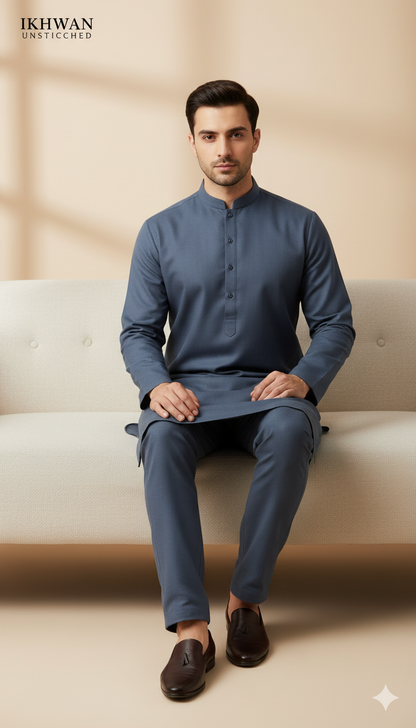 Premium Merino Wool Blend Fabric (4 Meters) | Blue Grey Color | Winter Wear with Liquid Ammonia Finish