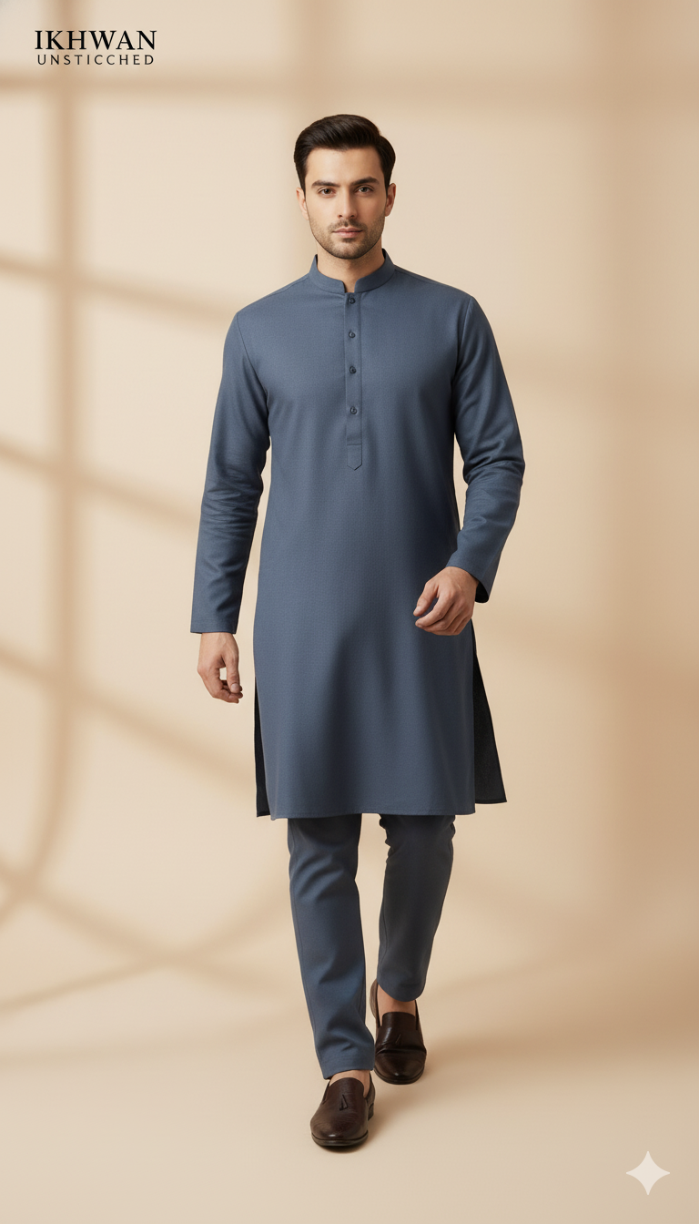 Premium Merino Wool Blend Fabric (4 Meters) | Blue Grey Color | Winter Wear with Liquid Ammonia Finish