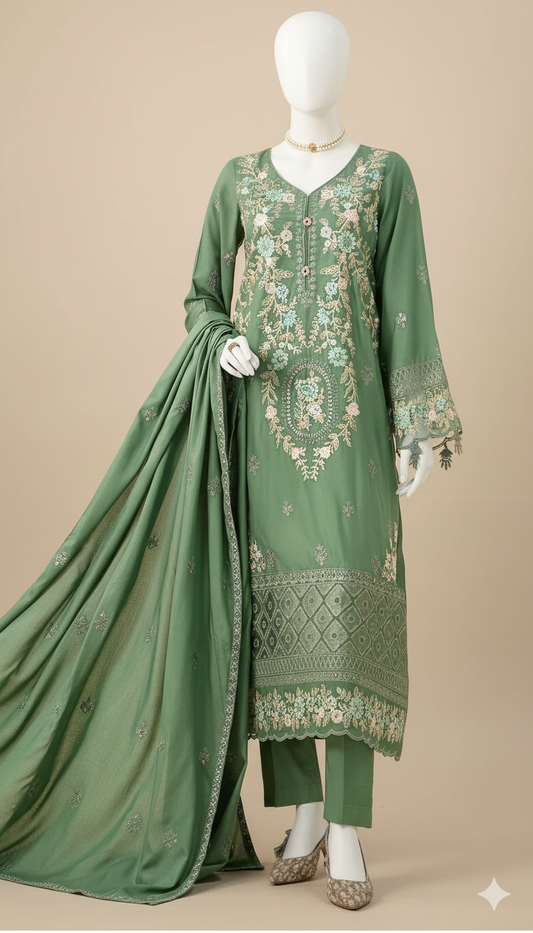 Ikhwan Replica – Premium Dhanak 3-Piece Heavy Embroidered Suit with Ready-to-Wear Shawl | Winter Collection 2025