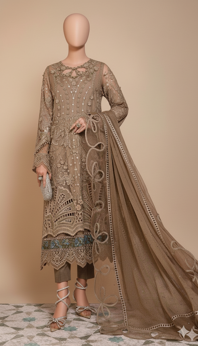 Ikhwan Replica – Wedding Luxury Collection | Premium Organza 3-Piece Heavy Embroidered Suit with Handwork & Stone Detailing
