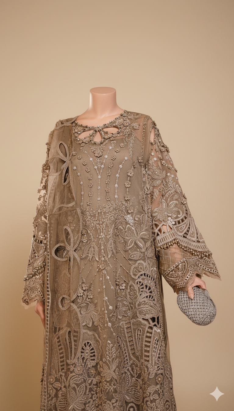 Ikhwan Replica – Wedding Luxury Collection | Premium Organza 3-Piece Heavy Embroidered Suit with Handwork & Stone Detailing