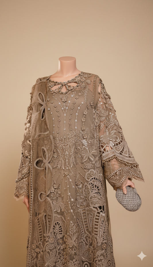 Ikhwan Replica – Wedding Luxury Collection | Premium Organza 3-Piece Heavy Embroidered Suit with Handwork & Stone Detailing