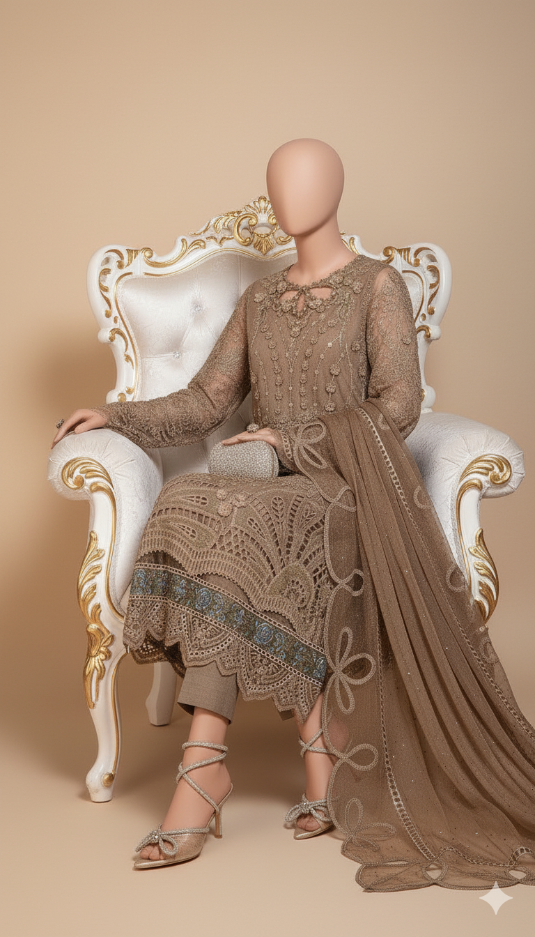 Ikhwan Replica – Wedding Luxury Collection | Premium Organza 3-Piece Heavy Embroidered Suit with Handwork & Stone Detailing