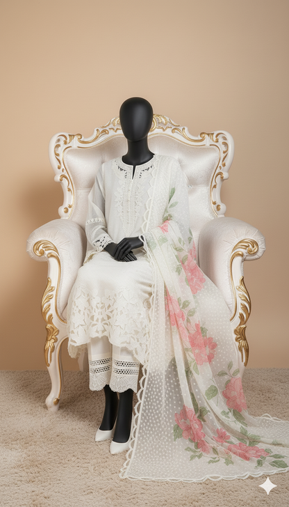 Ikhwan Replica – Baroque Chantelle Organza 3-Piece Embroidered Suit with Cutwork Borders & Silk Trouser | Luxury Collection 2025