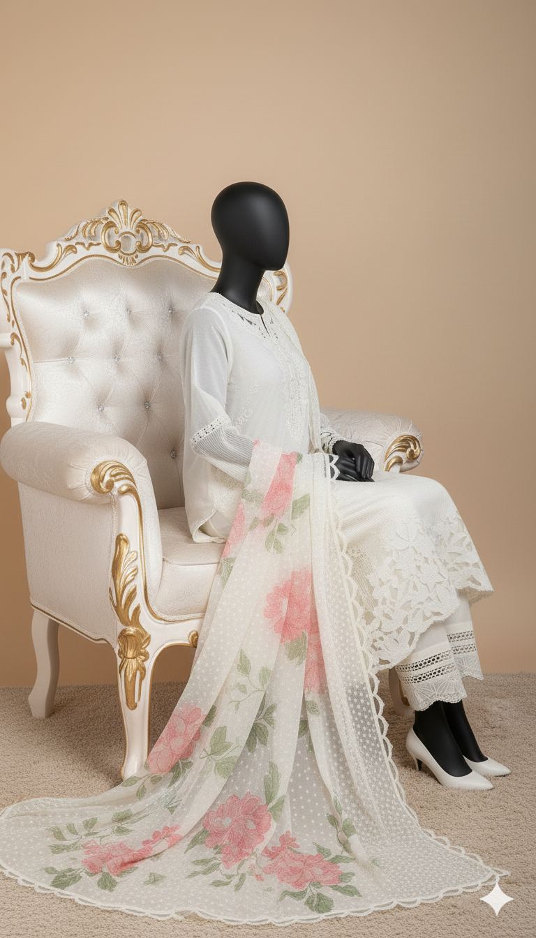 Ikhwan Replica – Baroque Chantelle Organza 3-Piece Embroidered Suit with Cutwork Borders & Silk Trouser | Luxury Collection 2025