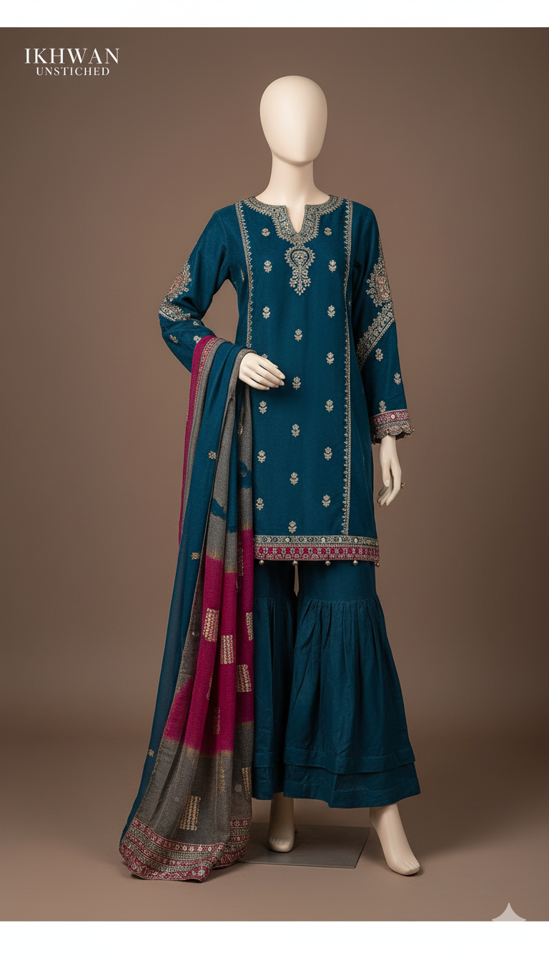 Premium Dhanak 3-Piece Unstitched Embroidered Suit with Digital Print Shawl | Winter Collection 2025