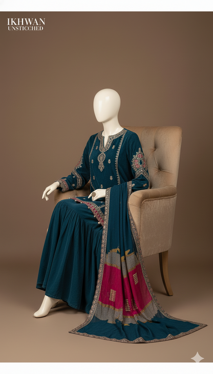 Premium Dhanak 3-Piece Unstitched Embroidered Suit with Digital Print Shawl | Winter Collection 2025