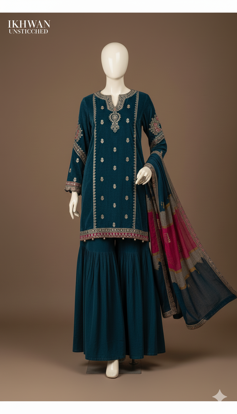 Premium Dhanak 3-Piece Unstitched Embroidered Suit with Digital Print Shawl | Winter Collection 2025