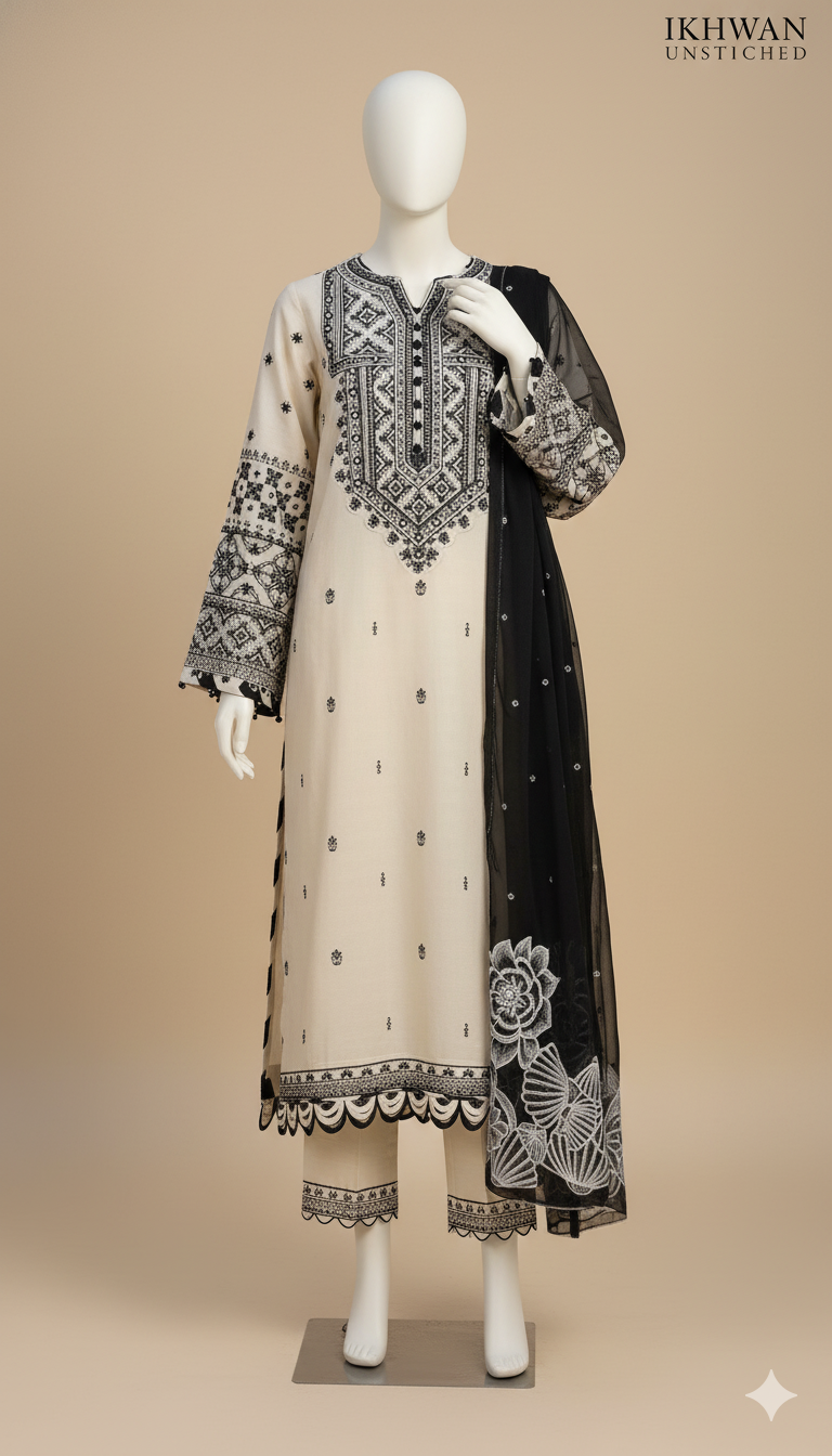 Dhanak Hit Codes | Premium 3-Piece Heavy Embroidered Winter Suit with Shawl & Patches | Winter Collection 2025