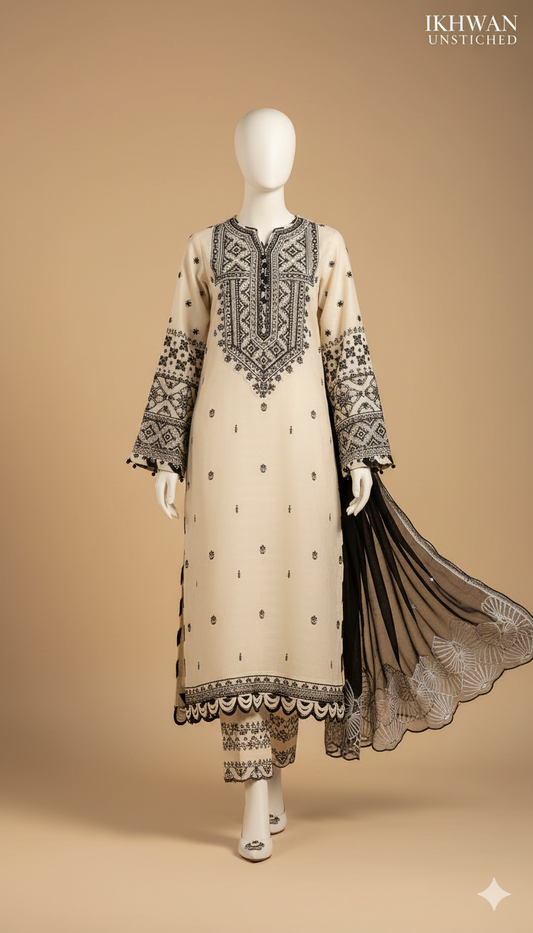 Dhanak Hit Codes | Premium 3-Piece Heavy Embroidered Winter Suit with Shawl & Patches | Winter Collection 2025