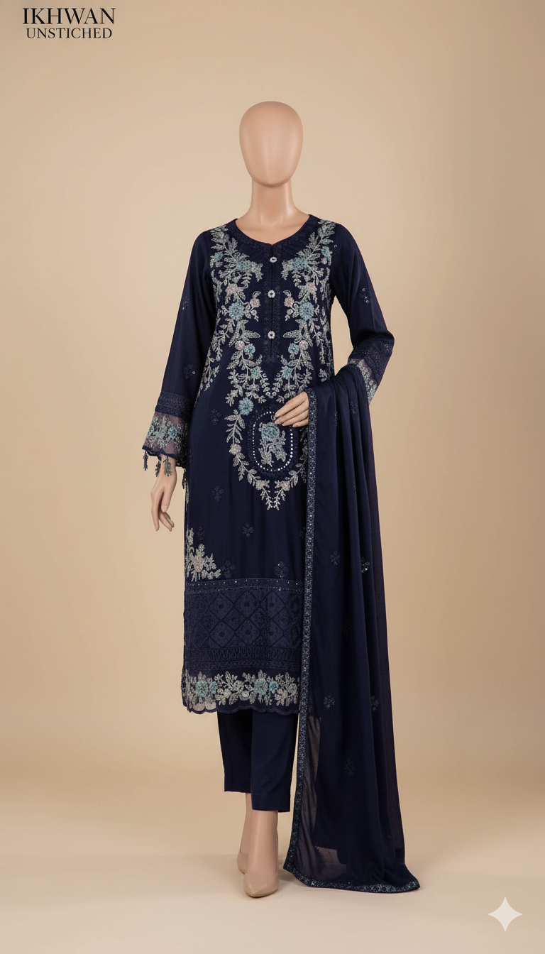 Ikhwan Replica – Premium Dhanak 3-Piece Heavy Embroidered Suit with Ready-to-Wear Shawl | Winter Collection 2025 (Navy Blue)
