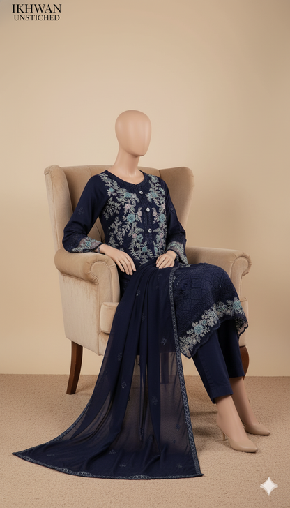 Ikhwan Replica – Premium Dhanak 3-Piece Heavy Embroidered Suit with Ready-to-Wear Shawl | Winter Collection 2025 (Navy Blue)
