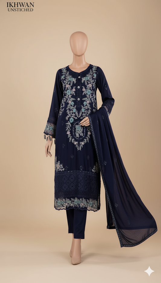 Ikhwan Replica – Premium Dhanak 3-Piece Heavy Embroidered Suit with Ready-to-Wear Shawl | Winter Collection 2025 (Navy Blue)
