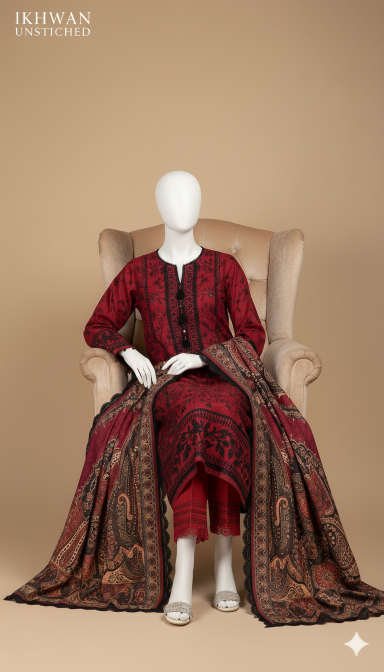 Ikhwan Replica – Dhanak Hit Codes Multi-Head Sequence Embroidered 3-Piece Suit with Digital Wool Shawl | Winter Collection 2025