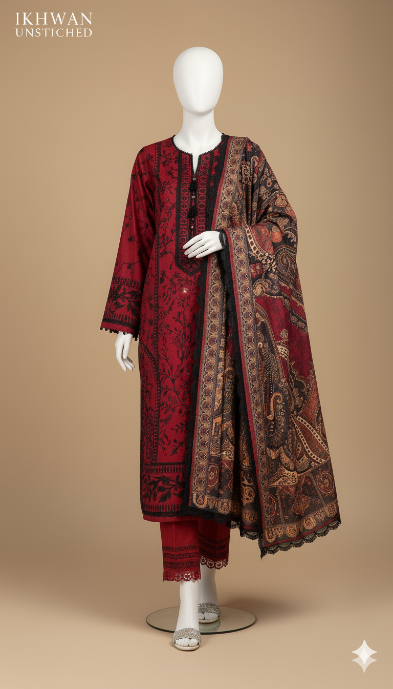 Ikhwan Replica – Dhanak Hit Codes Multi-Head Sequence Embroidered 3-Piece Suit with Digital Wool Shawl | Winter Collection 2025