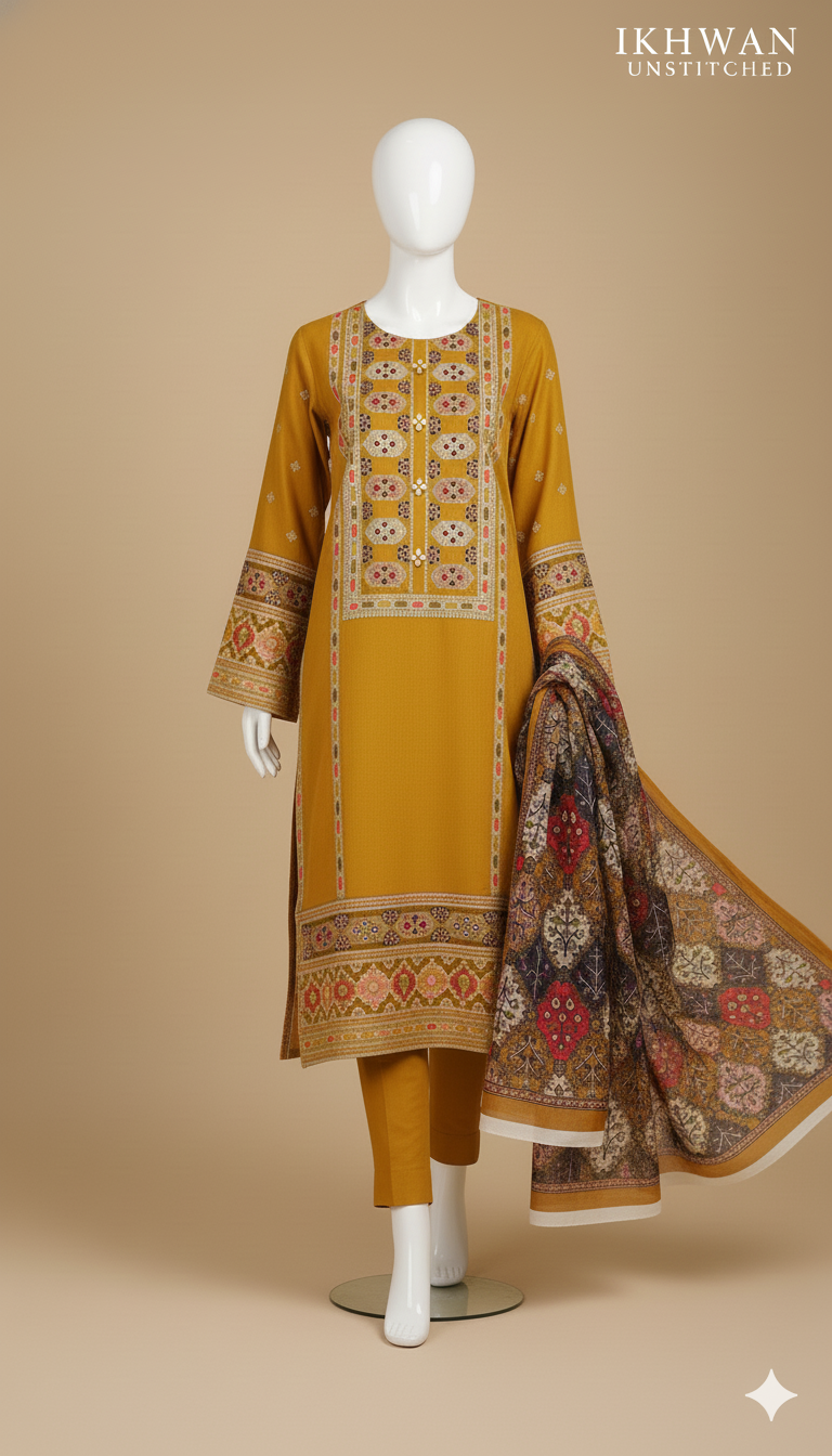Ikhwan Replica – Premium Air-Jet Dhanak 3-Piece Heavy Sequence Embroidered Suit with Digital Pashmina Wool Shawl | Winter Collection 2025