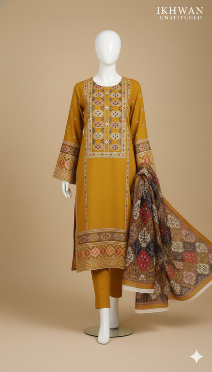 Ikhwan Replica – Premium Air-Jet Dhanak 3-Piece Heavy Sequence Embroidered Suit with Digital Pashmina Wool Shawl | Winter Collection 2025