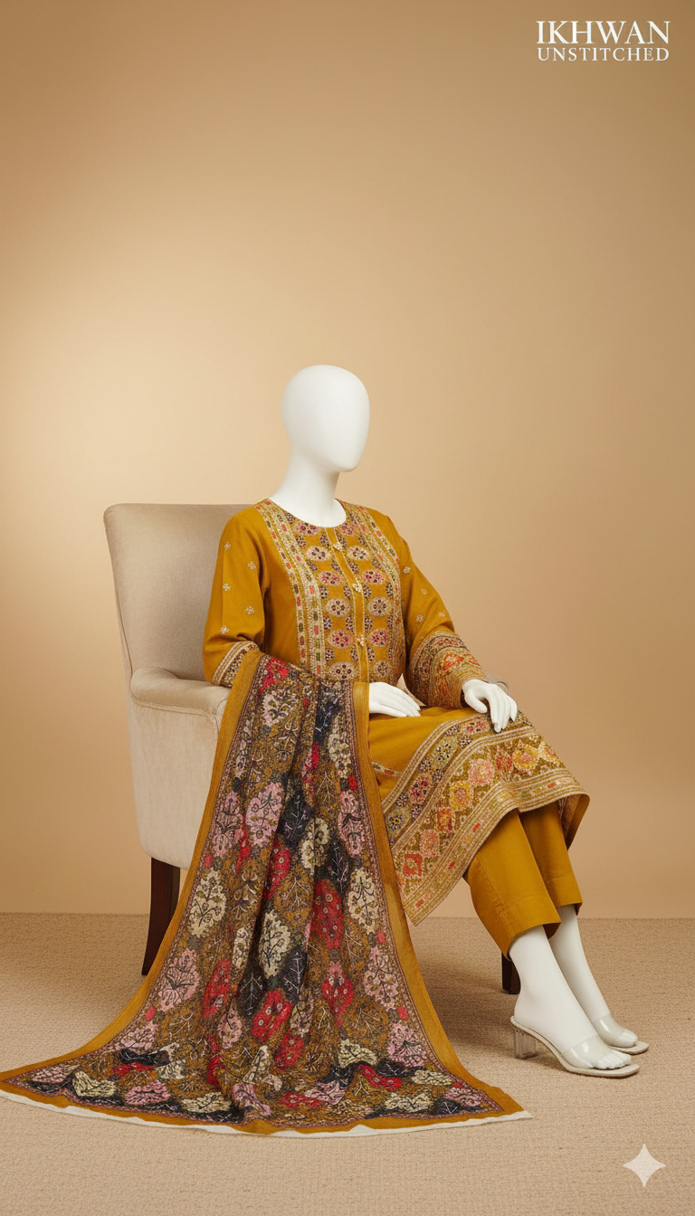 Ikhwan Replica – Premium Air-Jet Dhanak 3-Piece Heavy Sequence Embroidered Suit with Digital Pashmina Wool Shawl | Winter Collection 2025