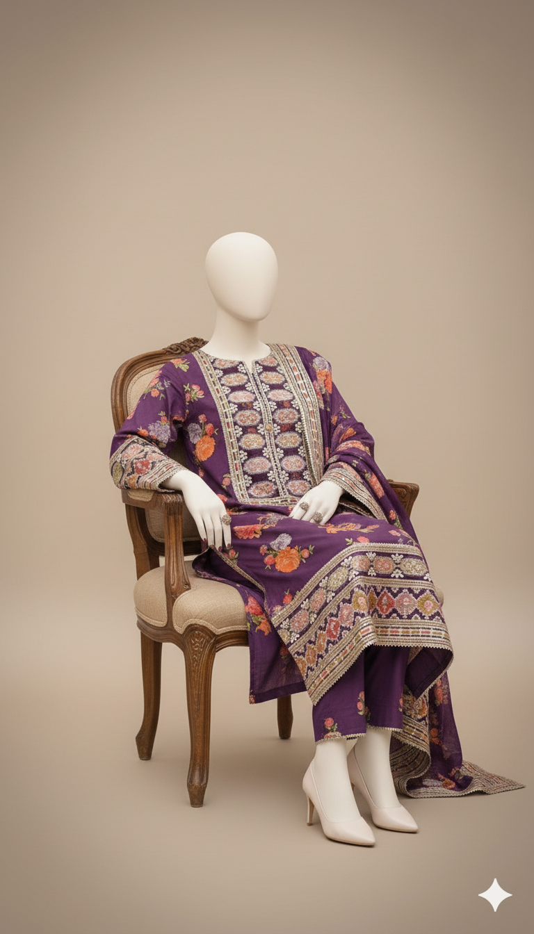 Premium Digital Printed Shamoz Silk 3-Piece Suit with Heavy Embroidery & Cutwork Dupatta | Ikhwan New Arrivals – November Drop 1