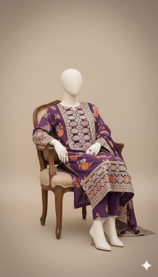 Premium Digital Printed Shamoz Silk 3-Piece Suit with Heavy Embroidery & Cutwork Dupatta | Ikhwan New Arrivals – November Drop 1