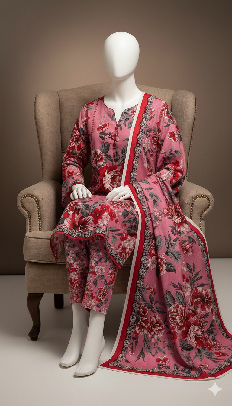 Pink Dyed Khaddar 3-Piece Suit with Red Floral Print | Winter Collection 2025