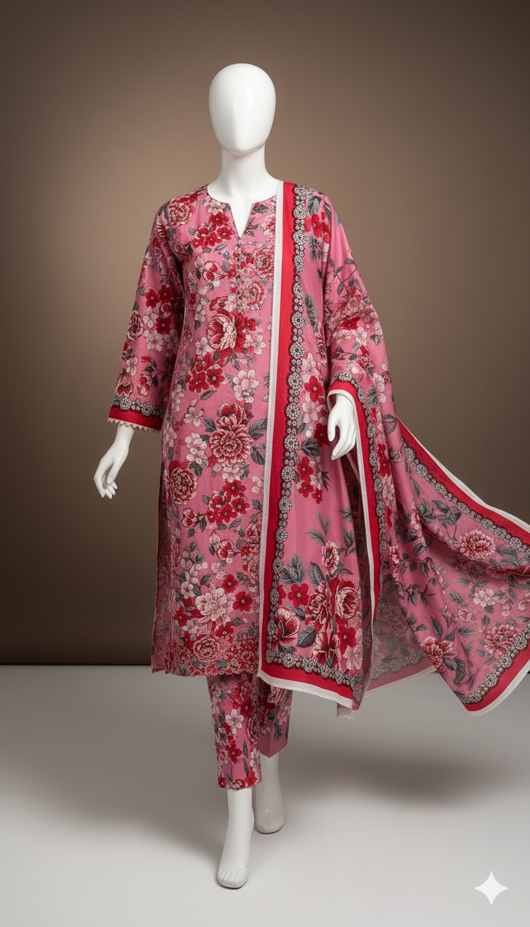 Pink Dyed Khaddar 3-Piece Suit with Red Floral Print | Winter Collection 2025