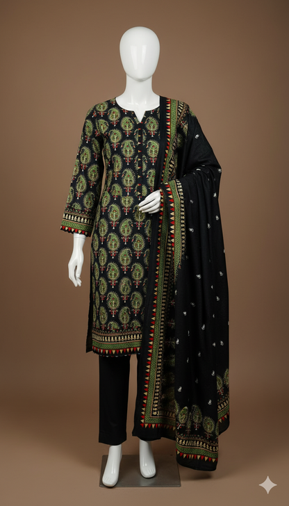 Black Imported Marina Cotray 3-Piece Suit with Fancy Wool Shawl | Winter Collection 2025