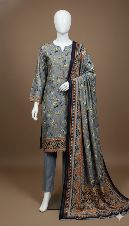 Grey Imported Marina Cotray 3-Piece Suit with Fancy Wool Shawl | Winter Collection 2025