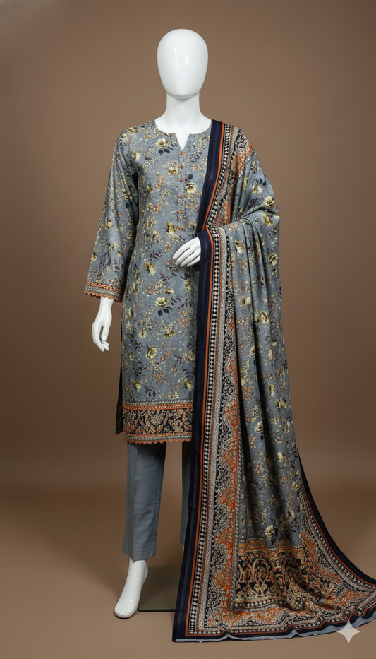 Grey Imported Marina Cotray 3-Piece Suit with Fancy Wool Shawl | Winter Collection 2025