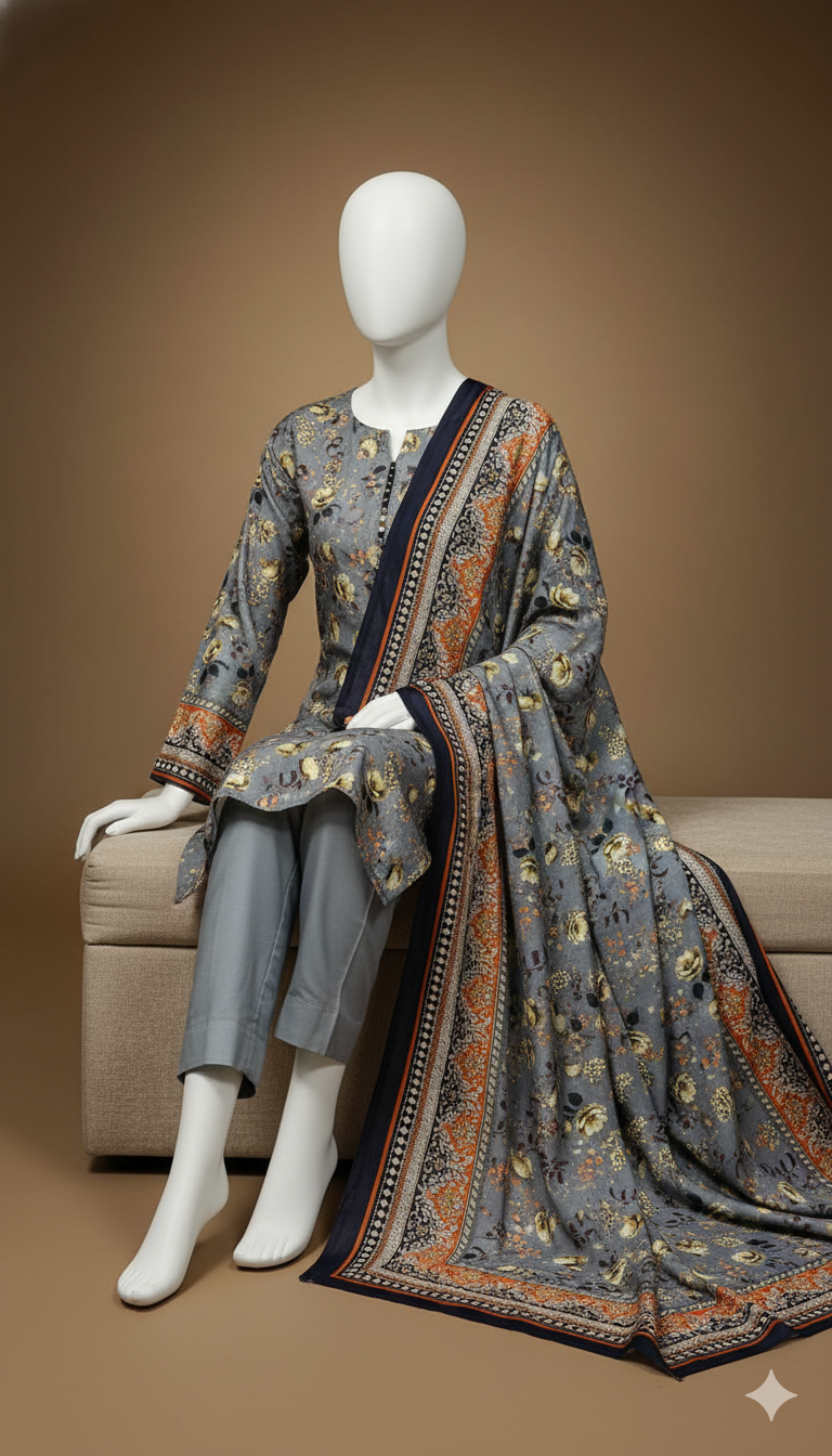 Grey Imported Marina Cotray 3-Piece Suit with Fancy Wool Shawl | Winter Collection 2025