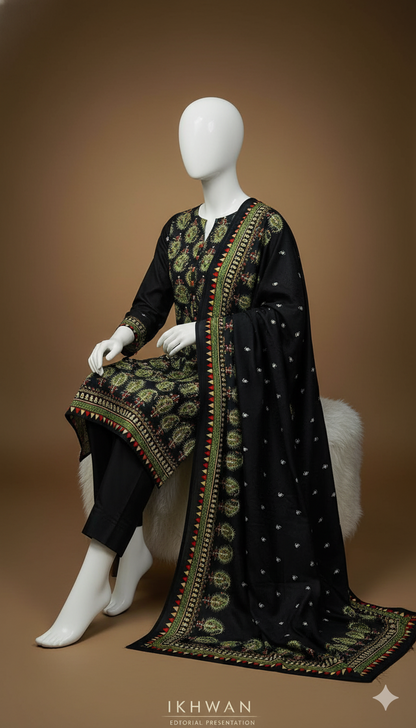 Black Imported Marina Cotray 3-Piece Suit with Fancy Wool Shawl | Winter Collection 2025