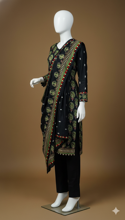 Black Imported Marina Cotray 3-Piece Suit with Fancy Wool Shawl | Winter Collection 2025