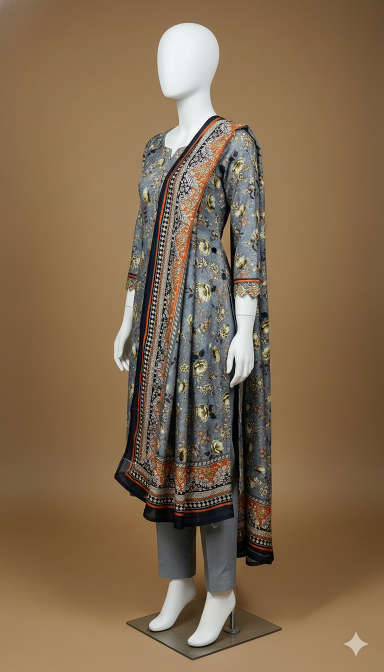 Grey Imported Marina Cotray 3-Piece Suit with Fancy Wool Shawl | Winter Collection 2025