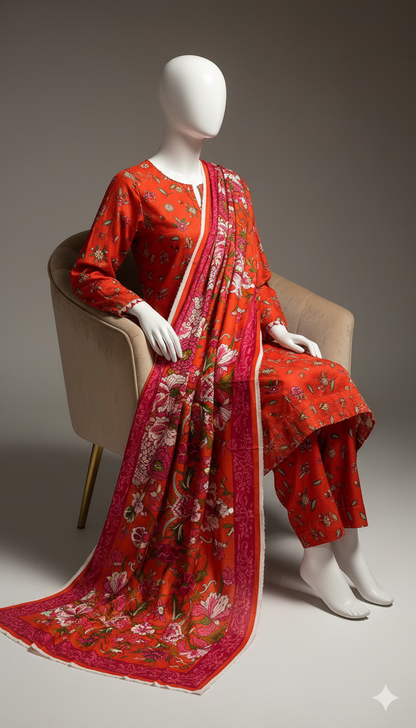Red Dyed Khaddar 3-Piece Suit | Winter Collection 2025
