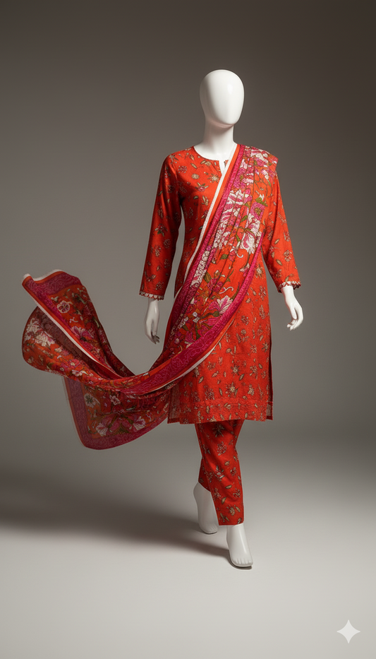 Red Dyed Khaddar 3-Piece Suit | Winter Collection 2025
