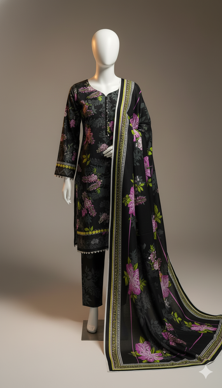 Black Dyed Khaddar 3-Piece Suit | Winter Collection 2025