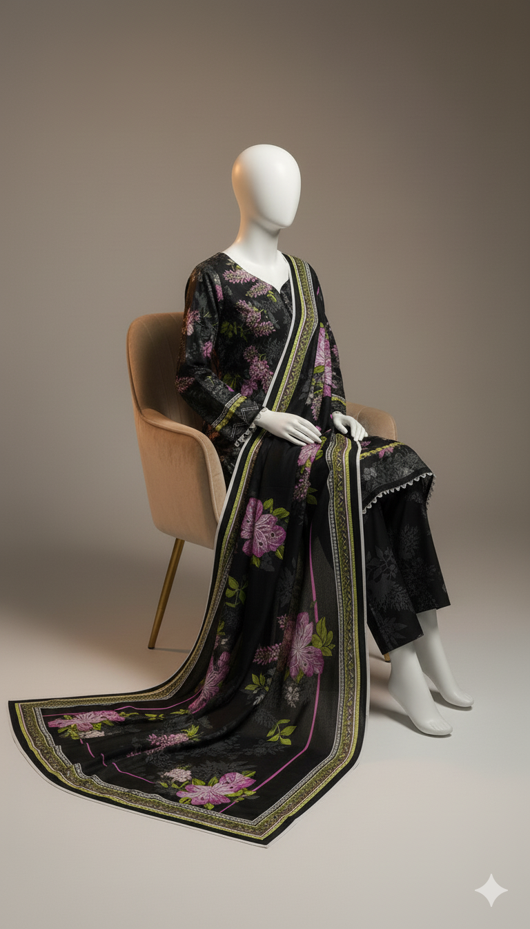 Black Dyed Khaddar 3-Piece Suit | Winter Collection 2025