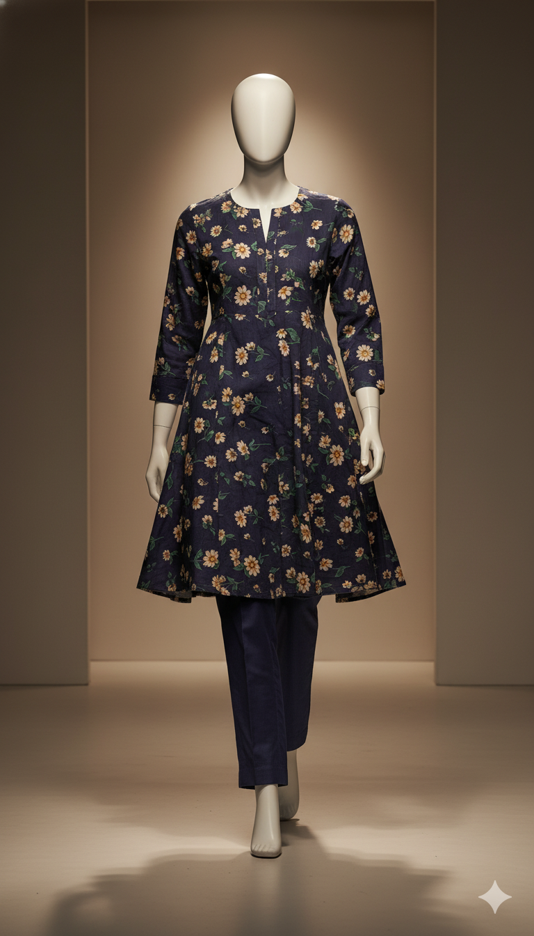 2-Piece Khaddar Suit – Dark Blue Digital Print | Premium Winter Collection 2025