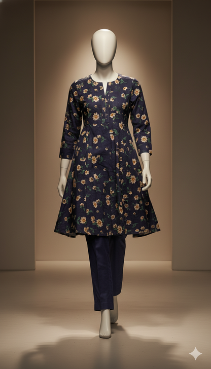 2-Piece Khaddar Suit – Dark Blue Digital Print | Premium Winter Collection 2025