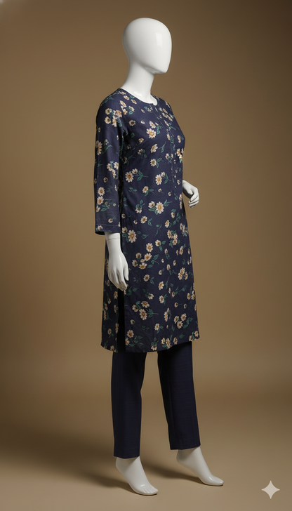 2-Piece Khaddar Suit – Dark Blue Digital Print | Premium Winter Collection 2025