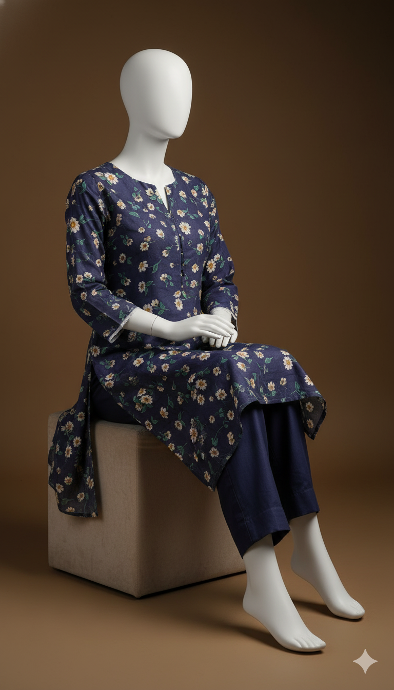 2-Piece Khaddar Suit – Dark Blue Digital Print | Premium Winter Collection 2025