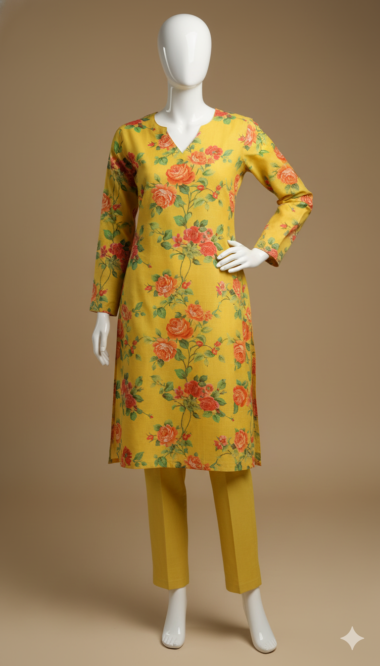 2-Piece Yellow Khaddar Suit – Sunshine Winter Charm | Digital Printed Shirt with Plain Trouser
