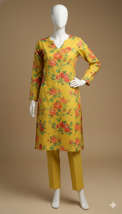 2-Piece Yellow Khaddar Suit – Sunshine Winter Charm | Digital Printed Shirt with Plain Trouser