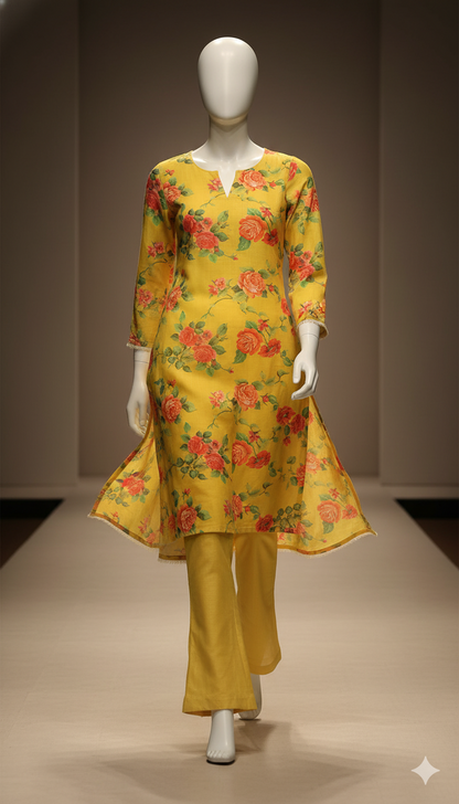 2-Piece Yellow Khaddar Suit – Sunshine Winter Charm | Digital Printed Shirt with Plain Trouser